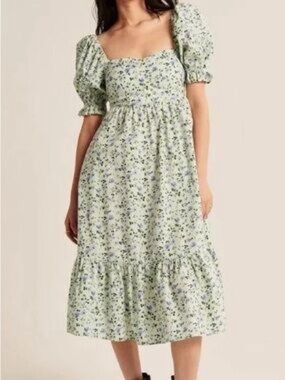 Abercrombie & Fitch Light Green and Blue Floral Puff-Sleeve Midi Dress